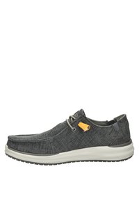 Gray fabric shoe with a slip-on design, featuring a yellow accent, rounded toe, and thick white sole. Textured upper with lace detail.