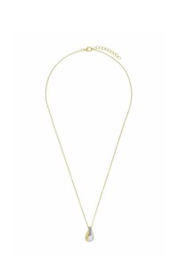 Collar de cadena de oro con un colgante en forma de gota dividido en mitades de oro y plata, que cuenta con un cierre ajustable y enlaces de extensión.