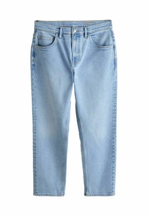 Light blue denim jeans with classic five-pocket design, button closure, and straight-leg fit on a white background.