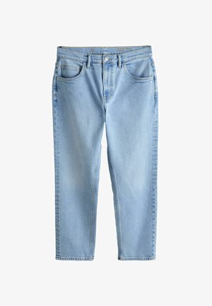 Hellblaue Jeans aus Denim mit klassischem Fünf-Taschen-Design, Knopfverschluss und geradem Bein auf weißem Hintergrund.