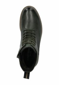 Bottine en cuir vert avec bout rond, lacets sur le devant et fermeture éclair. Caractéristiques d'une semelle en caoutchouc marron et de broderies minimalistes.
