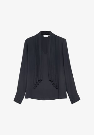 Czarna bluzka z długim rękawem z plisowanym kołnierzem przypominającym szalik oraz dopasowanymi plisami na mankietach, wykonana z lekkiego materiału.