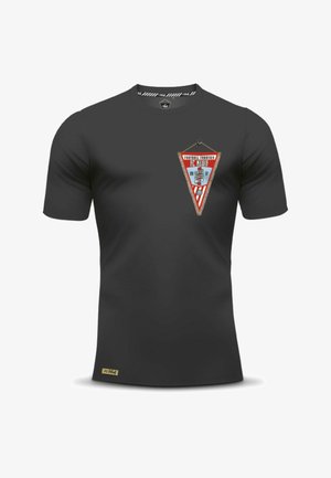Zwarte t-shirt met korte mouwen met een driehoekige, kleurrijke grafische afbeelding met "Football Fanatics FC Kluif" en een logo, gemaakt van zachte stof.