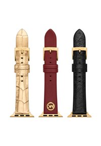 Tre cinturini per orologio: pelle texturizzata oro, pelle liscia bordeaux con logo e pelle nera a grana, ciascuno con accessori dorati.