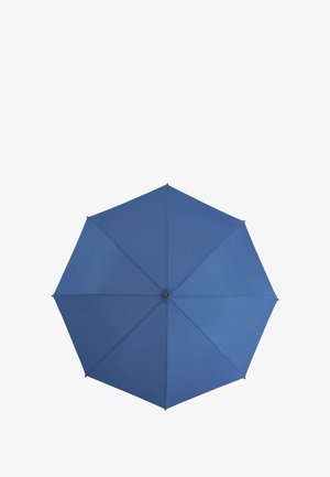 Blauwe paraplu met een hexagonale vorm, gemaakt van duurzaam stof. Glad textuur en een centraal metalen bevestigingspunt.