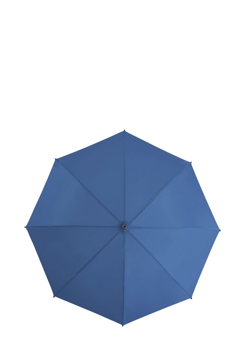 Blauwe paraplu met een hexagonale vorm, gemaakt van duurzaam stof. Glad textuur en een centraal metalen bevestigingspunt.