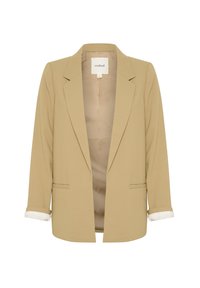 Beige blazer with a notched collar, open front, and two front pockets. Cuffed sleeves reveal a striped lining. Made from smooth fabric.