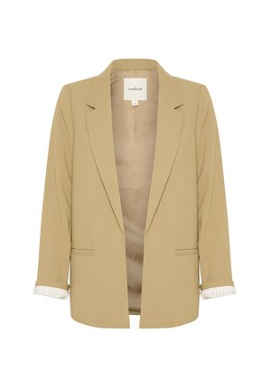Beige blazer with a notched collar, open front, and two front pockets. Cuffed sleeves reveal a striped lining. Made from smooth fabric.