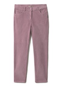 Sametové kalhoty v světle mauve barvě, s pěti kapsami, zapínáním na knoflík a viditelnou ribbovanou texturou po celém povrchu.