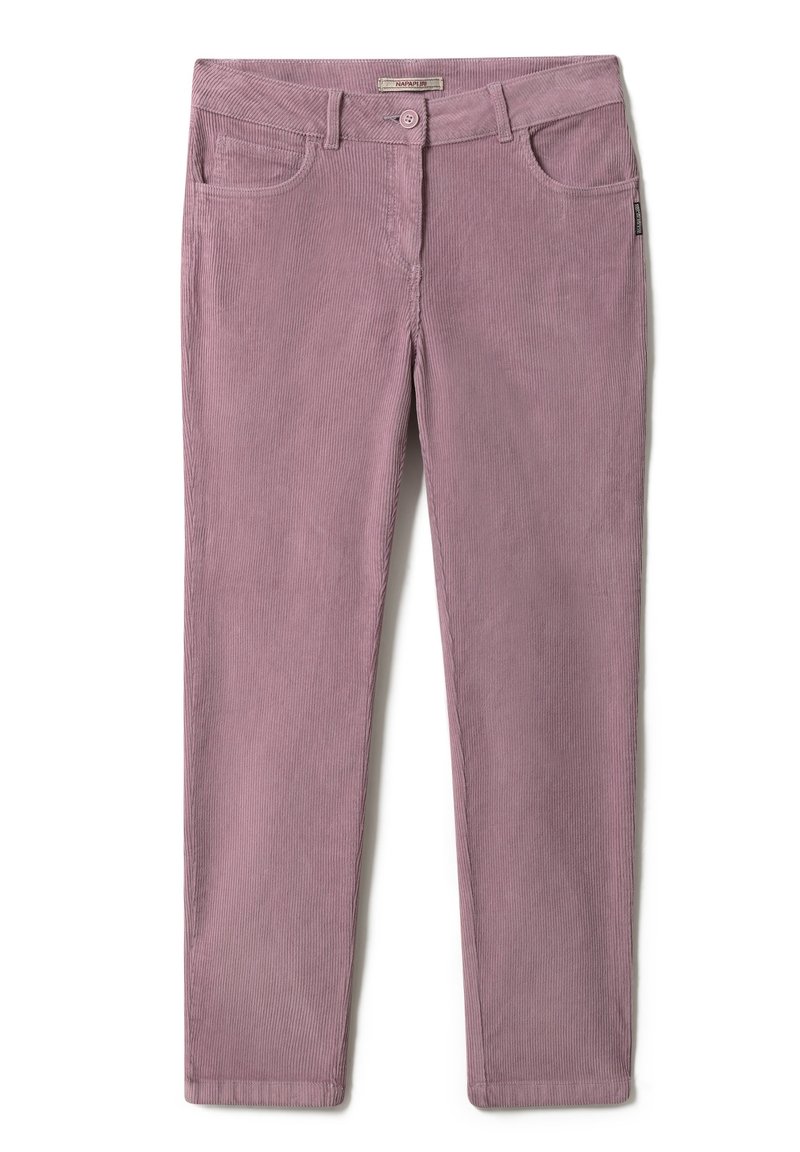 Sametové kalhoty v světle mauve barvě, s pěti kapsami, zapínáním na knoflík a viditelnou ribbovanou texturou po celém povrchu.