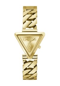 Gold triangular wristwatch with a chunky chain-link band. The face displays a logo and two hands for timekeeping, featuring a minimalist style.
