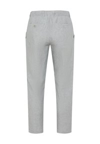 Light gray, linen blend trousers with a relaxed fit, featuring an elastic waistband, back pockets, and a smooth, textured finish.