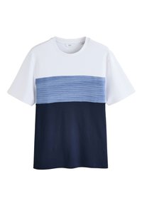 Kortärmad t-shirt med en vit överdel, en texturerad ljusblå mittendel och en mörkblå nederdel.