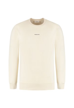Cremfarbener Rundhalsausschnitt-Pullover mit gerippten Bündchen und Saum, versehen mit dem zentral auf der Brust platzierten Text "PURE PATH".