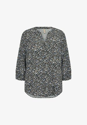 Ziedu blūze ar trim ceturtdaļām, izgatavota no viegla auduma. Ar melnu fona krāsu, uz kura ir mazs baltu un zilu ziedu raksts, V veida kakla izgriezums.