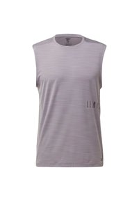 Débardeur sportif violet clair avec un motif texturé subtil et un petit texte de marque noir sur le côté droit.