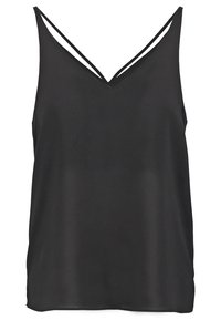 Černý top bez rukávů s výstřihem do V a tenkými dvojitými ramínky. Vyrobený z hladkého materiálu, má volný střih a minimalistický design.