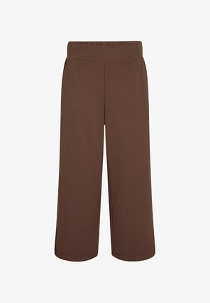 Pantalons large marron avec une texture lisse, taille élastique et poches latérales. Design simple, sans motifs ni accents visibles.
