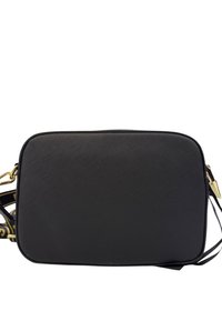 Borsa a tracolla nera rettangolare con superficie testurizzata, dettagli in hardware dorato e una tracolla decorata per una lunghezza regolabile. Chiusura con cerniera liscia.