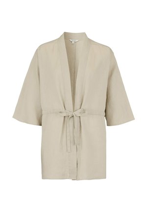 Beige, leichte Jacke im Kimono-Stil mit weiten, dreiviertellangen Ärmeln und einem vorderen Bindegürtel als Verschluss.