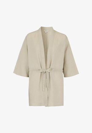Beige, leichte Jacke im Kimono-Stil mit weiten, dreiviertellangen Ärmeln und einem vorderen Bindegürtel als Verschluss.