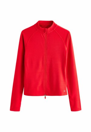 Red zip-up jacket made of soft fleece. Features a high collar, long raglan sleeves, and a small logo at the hem. Smooth texture.