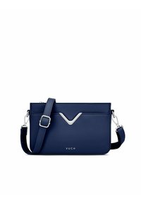 Tmavě modrá crossbody taška z umělého materiálu se stříbrnými detaily, s výrazným V-čkovým akcentem a nastavitelným popruhem.