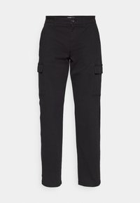 Svarta cargobyxor i bomull. Har raka ben, två sidofickor, bälteshällor och knäppning fram.