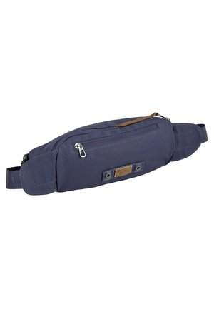Navy blue fabric fanny pack with a zippered main compartment and back pocket. Features a brown leather accent and adjustable strap.