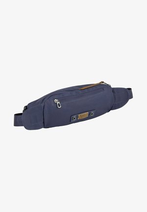 Navy blue fabric fanny pack with a zippered main compartment and back pocket. Features a brown leather accent and adjustable strap.