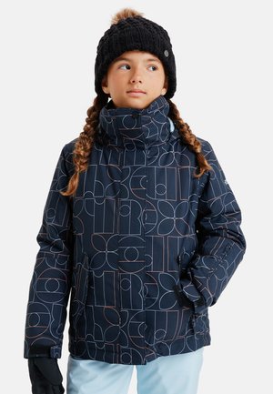 Marineblaue, isolierte Jacke mit geometrischem Muster in hellblauen und kupferfarbenen Tönen. Hoher Kragen, mit Reißverschluss versehenen Taschen und kontrastierenden Bündchen.