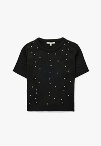 Sort kortærmet top lavet af ribbet stof, der har spredte hvide perler og sorte firkantede dekorationer, med en rund udskæring.