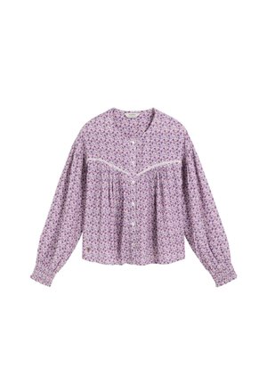 Blusa morada floral de manga larga con botones al frente, canesú fruncido y escote redondo sobre fondo blanco.