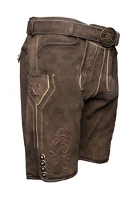 Braune Lederhosen-Shorts aus Leder mit Stickerei, seitlichen Taschen und dekorativen Knöpfen am Saum. Sie haben eine strukturierte Oberfläche und einen Gürtel.