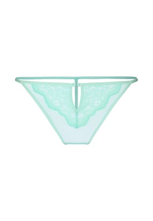 Mint green sheer lace bikini panties with scalloped edges and a thin waistband, featuring a keyhole cutout detail in front.