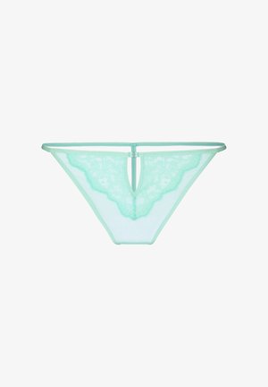 Mint green sheer lace bikini panties with scalloped edges and a thin waistband, featuring a keyhole cutout detail in front.