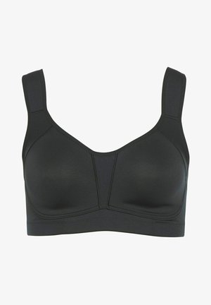 Czarny stanik sportowy z szerokimi ramiączkami, formowanymi miseczkami i gładką teksturą materiału. Posiada wzmocnione szwy i usztywniony krój.