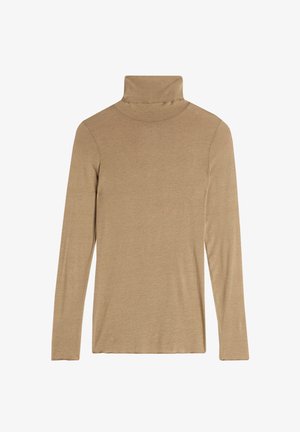 Langsleeve coltrui in een lichtbruine kleur, gemaakt van zachte, gestructureerde stof met een aansluitend ontwerp en naadloze halsconstructie.