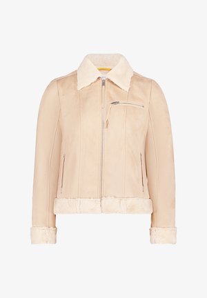 Beige imiteret pelsjakke med lynlås fortil, sidelommer og krave. Glat tekstur med en let cropped design, der har en chic finish.