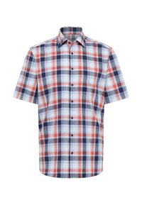 Camicia a maniche corte a quadri nei colori blu navy, rosso, bianco e grigio, con colletto button-down e orlo dritto.