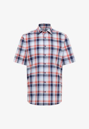 Korte mouw geruite blouse in marineblauw, rood, wit en grijs met een knoopsluiting bij de kraag en een rechte onderkant.