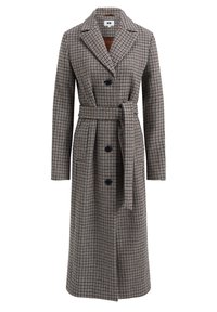 Brun och kräm houndstooth-mönstrad trench coat med bälte, dubbelknäppt fram, klassisk krage och långa ärmar.