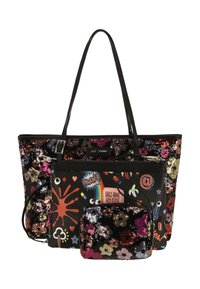Borsa tote nera con motivo floreale multicolore in paillettes e accenti grafici. Dotata di una pochette più piccola staccabile. Doppio manico per il trasporto.