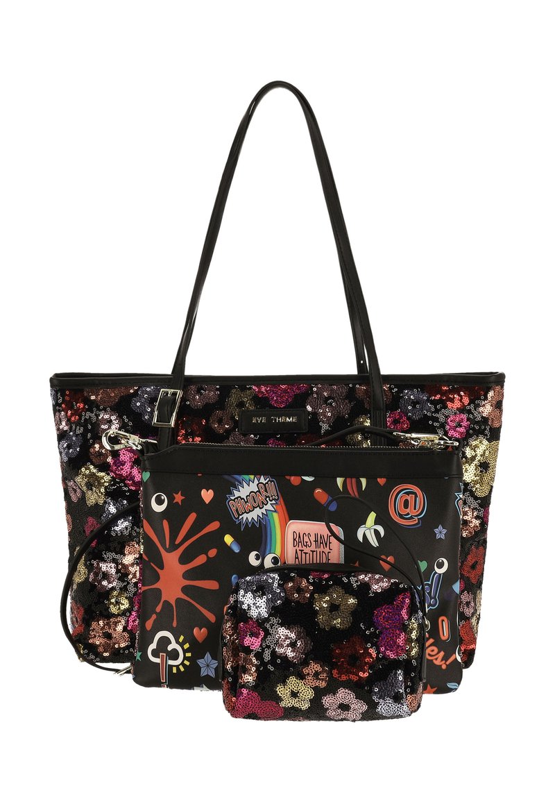 Borsa tote nera con motivo floreale multicolore in paillettes e accenti grafici. Dotata di una pochette più piccola staccabile. Doppio manico per il trasporto.
