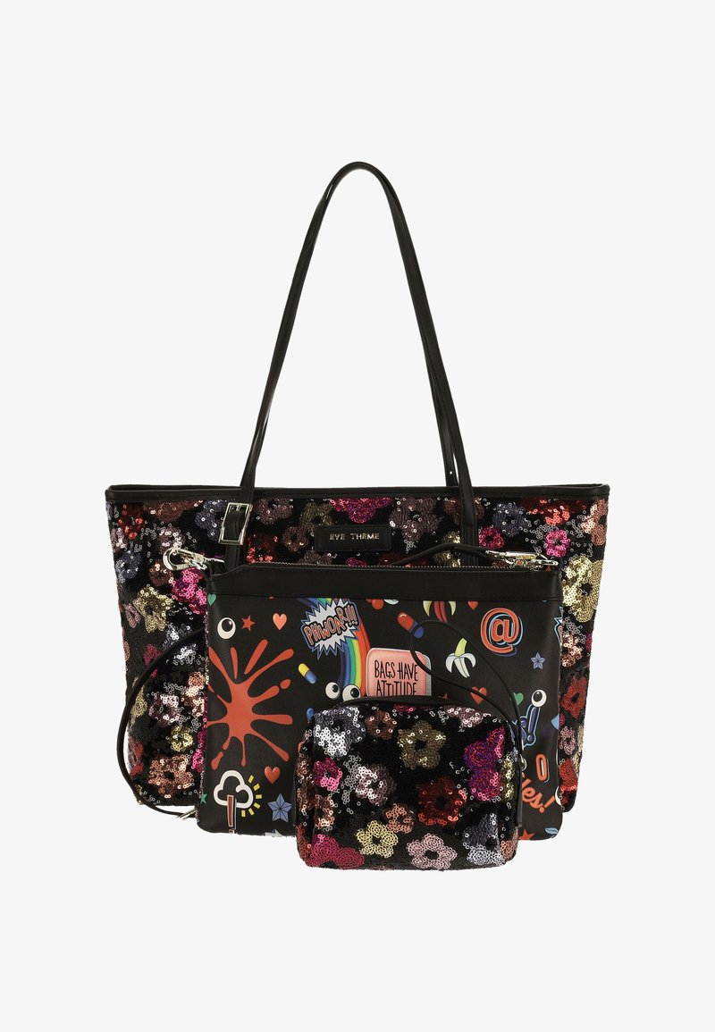 Borsa tote nera con motivo floreale multicolore in paillettes e accenti grafici. Dotata di una pochette più piccola staccabile. Doppio manico per il trasporto.