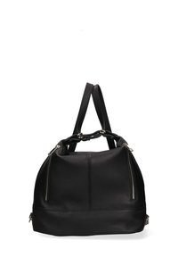 Borsa in pelle nera con superficie texturizzata, dotata di due manici superiori, dettagli in cerniera argentata e forma arrotondata.