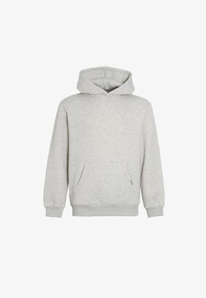 Felpa con cappuccio grigio chiaro in tessuto morbido, dotata di tasca frontale, cappuccio con coulisse e polsini a costine. Design minimalista senza motivi.