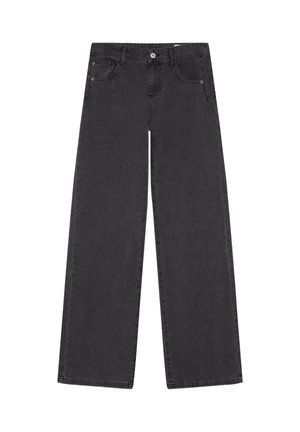 Fekete, széles szárú farmernadrág farmer textúrával, öt zsebbel, gombos záródással és övbújtatókkal. Kiegyenesített szárú, laza szabású fazon.