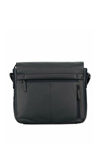 Sac messager en cuir noir à texture lisse, équipé d'une poche zippée à l'avant et d'une sangle d'épaule réglable. Forme rectangulaire.