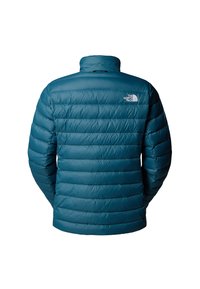 Giacca imbottita trapuntata blu verde acqua con collo alto e logo "The North Face" sulla parte superiore della schiena, vista da dietro su sfondo bianco.